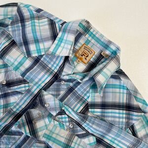 Resistol Double R Pearl Snap Shirt L/S‎ Mens Medium Blue Plaid Cotton Western